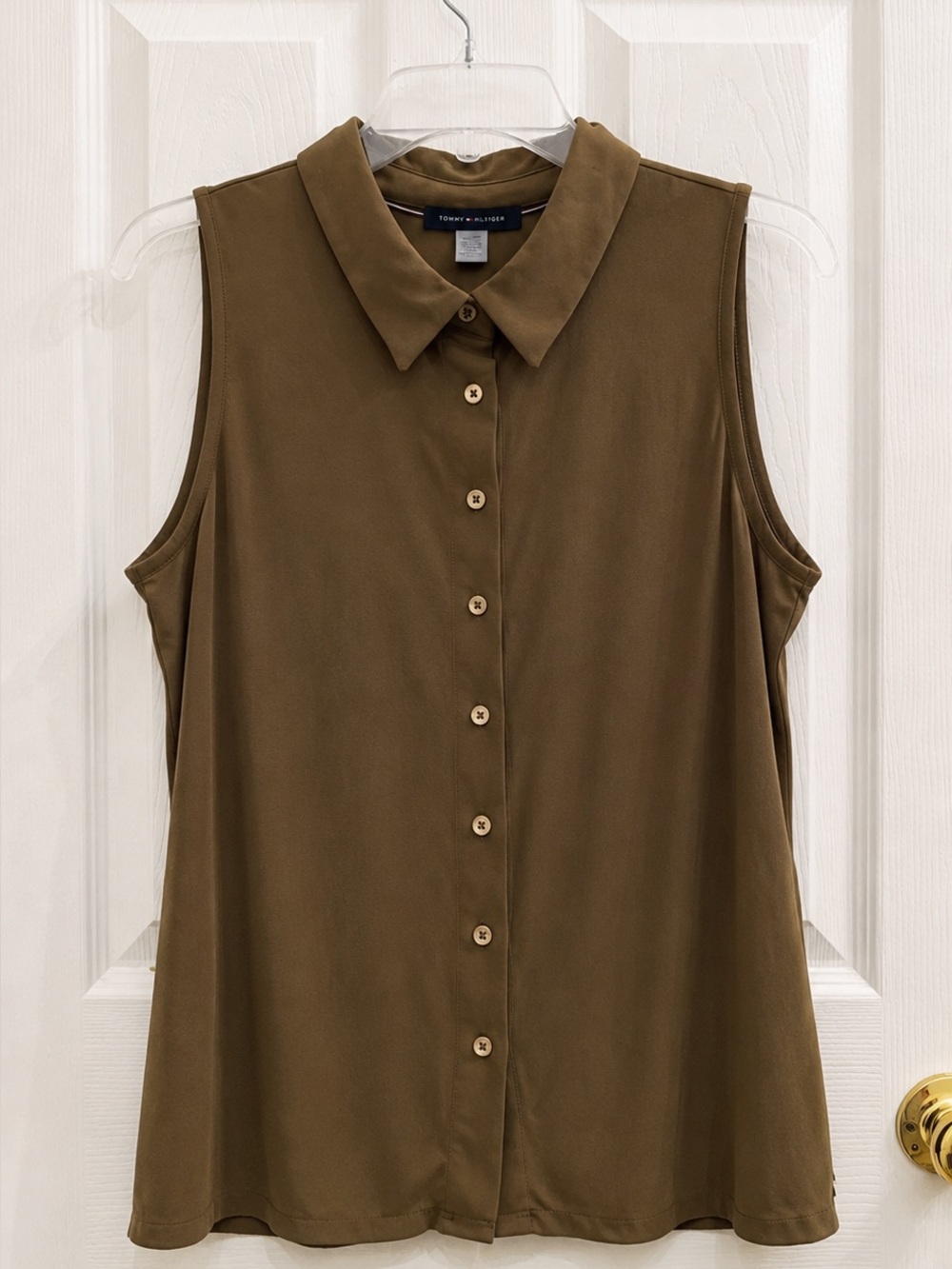 Tommy Hilfiger Olive Sleeveless Collared Button Front Blouse Medium